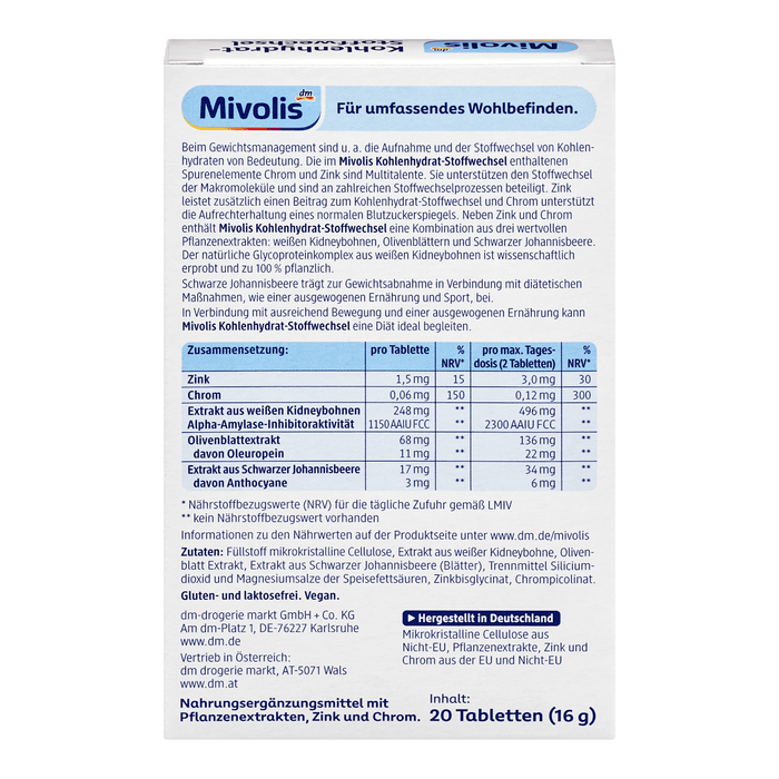 Mivolis Supliment alimentar pentru metabolismul carbohidraților, 20 buc WALTI