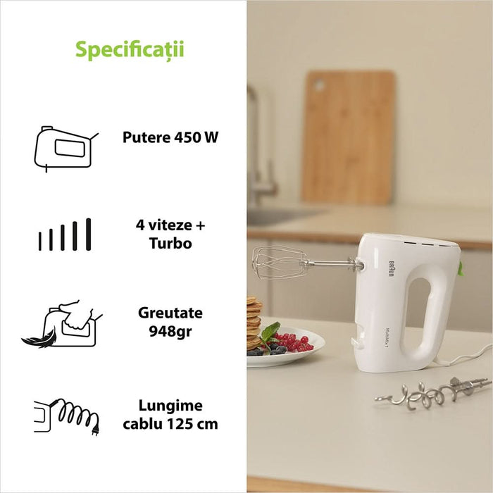Mixer de mana BRAUN MultiMix 1 HM 1110 WH, 450W, 4 trepte viteza, alb-verde WALTI