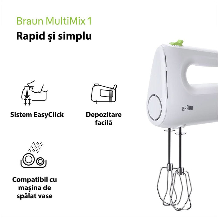 Mixer de mana BRAUN MultiMix 1 HM 1110 WH, 450W, 4 trepte viteza, alb-verde WALTI