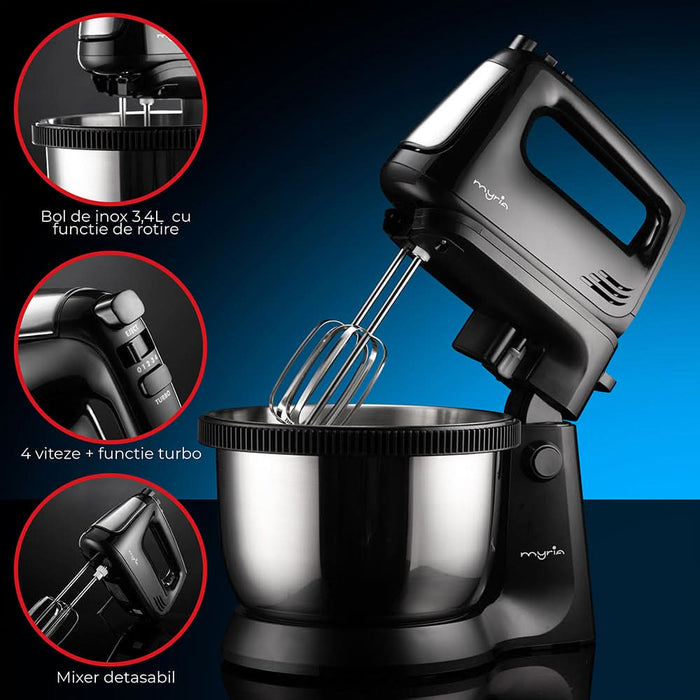 Mixer cu bol MYRIA MY4024BK, 3.4l, 300W, 5 trepte viteza, argintiu-negru WALTI