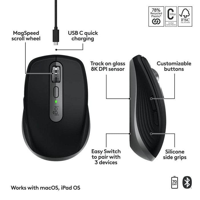 Mouse Bluetooth pentru Mac LOGITECH MX Anywhere 3S, 8000 dpi, negru WALTI