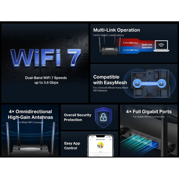 Router Wireless Gigabit MERCUSYS MR25BE BE3600, WI-Fi 7, Dual Band 688 + 2880 Mbps, negru WALTI