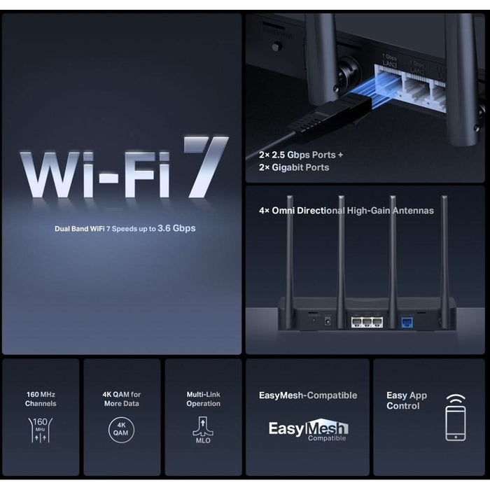 Router Wireless Gigabit MERCUSYS MR27BE BE3600, WI-Fi 7, Dual Band 688 + 2880 Mbps, negru WALTI