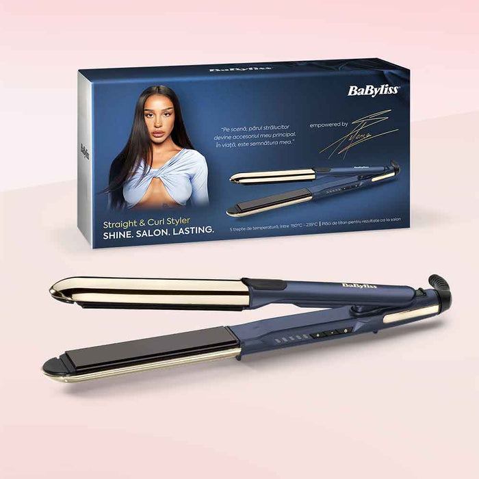 Placa de indreptat parul BABYLISS 2in1 Straight&Curl ST483ROE empowered by Stefania, 235 grade, invelis ceramic, albastru WALTI