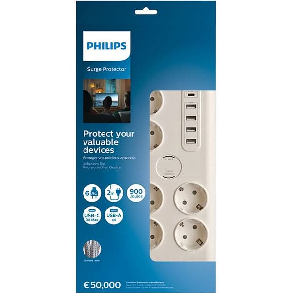 Prelungitor cu protectie PHILIPS SPN7060WA/58, 6 prize, 5 x USB, 2m, Protectie copii, alb WALTI