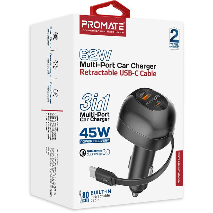Incarcator auto PROMATE PowerDrive-RC65, 2x USB-C, 1x USB-A, Power delivery (PD) 45W, negru WALTI