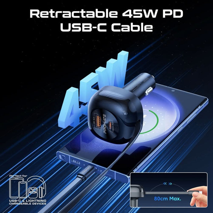 Incarcator auto PROMATE PowerDrive-RC65, 2x USB-C, 1x USB-A, Power delivery (PD) 45W, negru WALTI