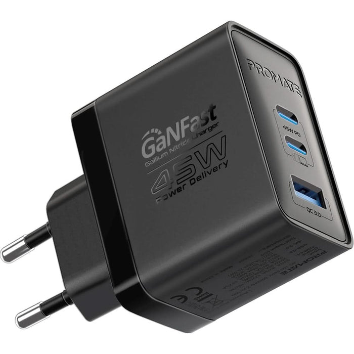 Incarcator retea PROMATE PowerPort-45, USB-C, GaN Fast Charging, Power Delivery (PD) 45W, negru WALTI