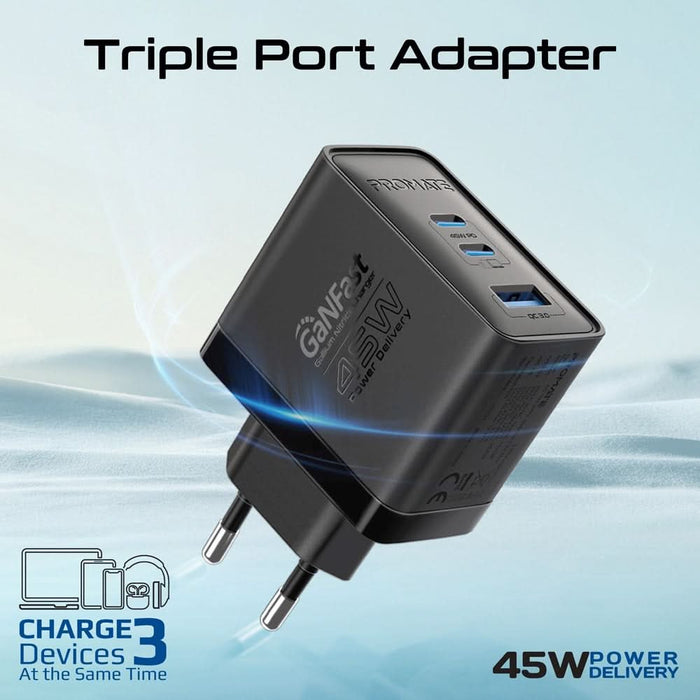 Incarcator retea PROMATE PowerPort-45, USB-C, GaN Fast Charging, Power Delivery (PD) 45W, negru WALTI