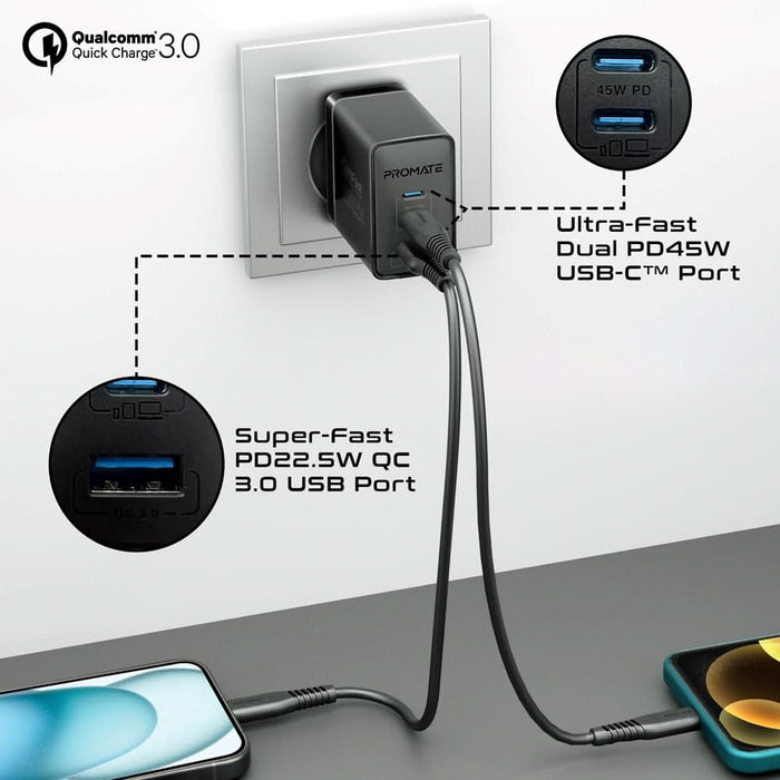 Incarcator retea PROMATE PowerPort-45, USB-C, GaN Fast Charging, Power Delivery (PD) 45W, negru WALTI