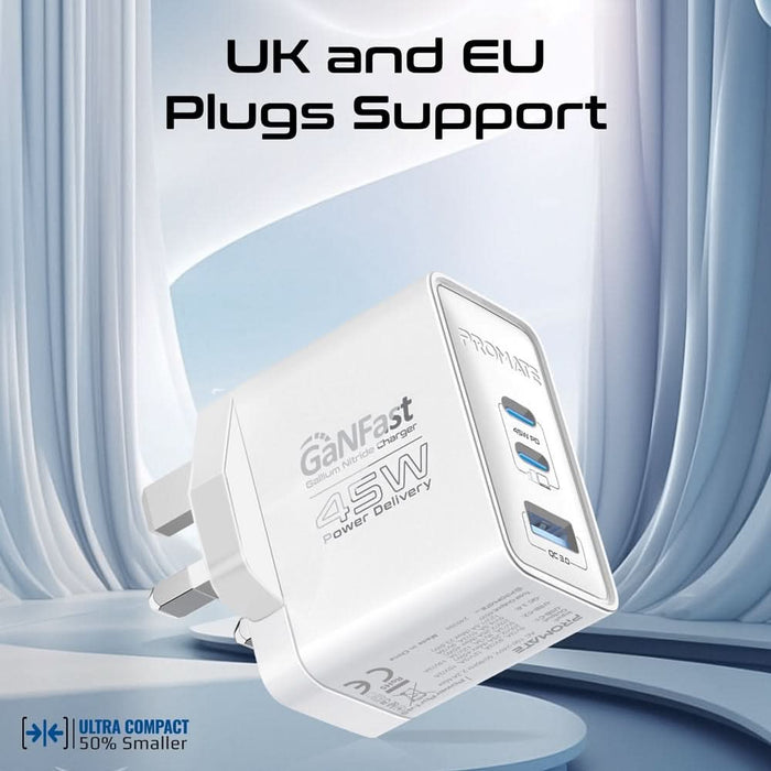 Incarcator retea PROMATE PowerPort-45, USB-C, GaN Fast Charging, Power Delivery (PD) 45W, alb WALTI