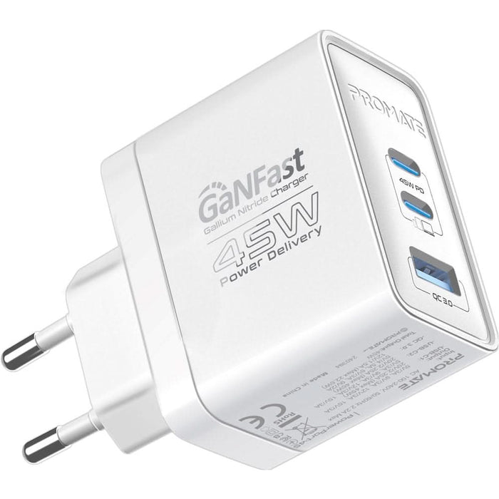 Incarcator retea PROMATE PowerPort-45, USB-C, GaN Fast Charging, Power Delivery (PD) 45W, alb WALTI
