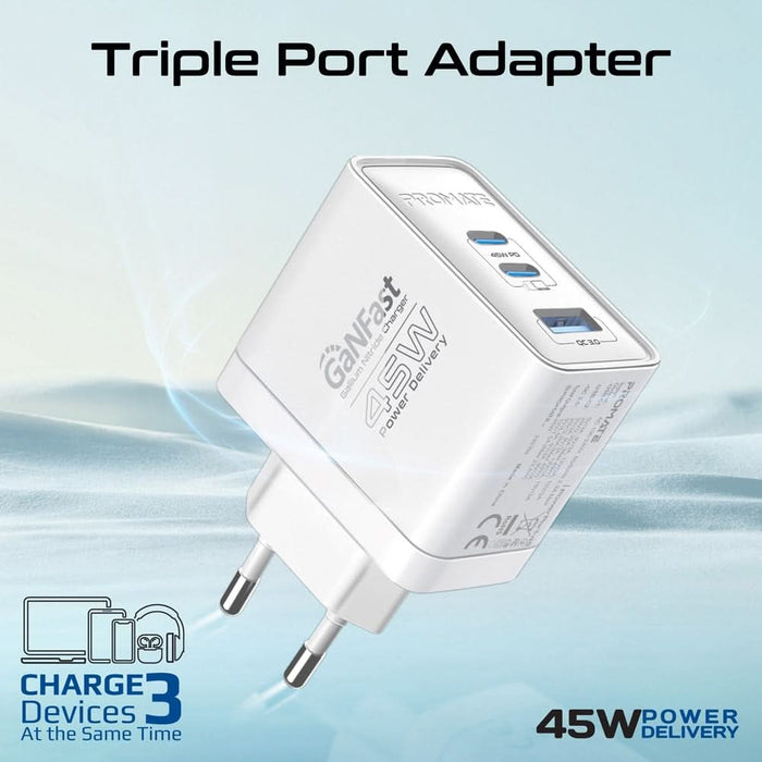 Incarcator retea PROMATE PowerPort-45, USB-C, GaN Fast Charging, Power Delivery (PD) 45W, alb WALTI