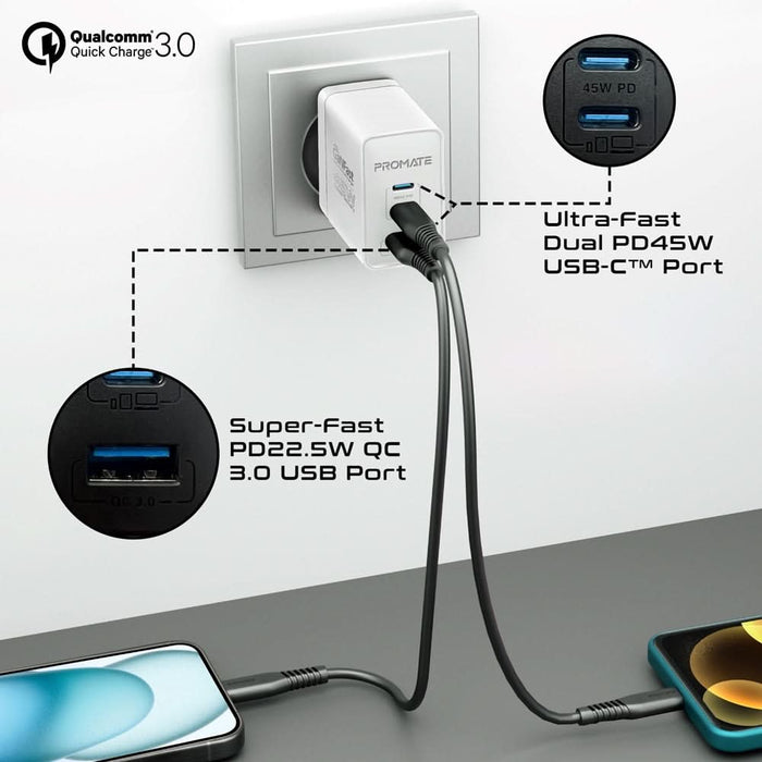 Incarcator retea PROMATE PowerPort-45, USB-C, GaN Fast Charging, Power Delivery (PD) 45W, alb WALTI