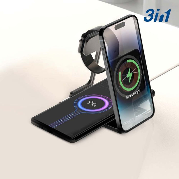 Incarcator wireless PROMATE AuraFold-Trio, 1xUSB-C, universal, MagSafe, 15W, negru WALTI