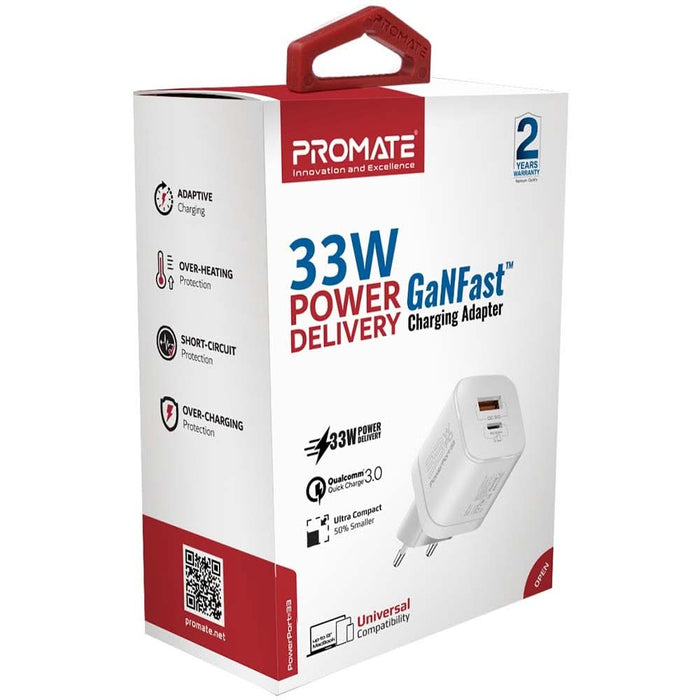 Incarcator retea PROMATE PowerPort-33, USB-C, GaN Fast Charging, Power Delivery (PD) 33W, alb WALTI