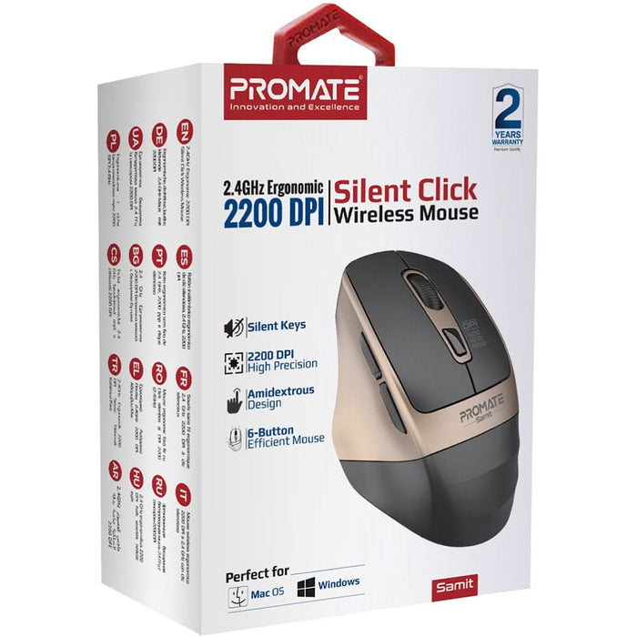 Mouse Wireless PROMATE Samit, 2200 dpi, auriu-negru WALTI