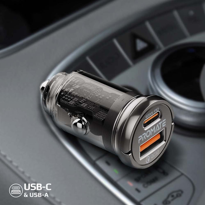 Incarcator auto PROMATE TransDrive-65W, 1xUSB-C Power Delivery 65W, 1xUSB-A Quick Charge 18W, negru WALTI
