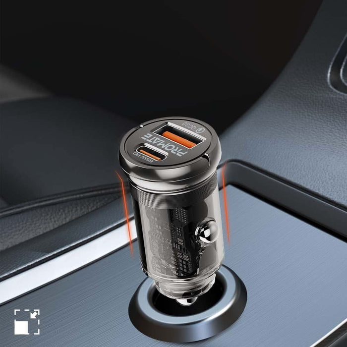 Incarcator auto PROMATE TransDrive-65W, 1xUSB-C Power Delivery 65W, 1xUSB-A Quick Charge 18W, negru WALTI