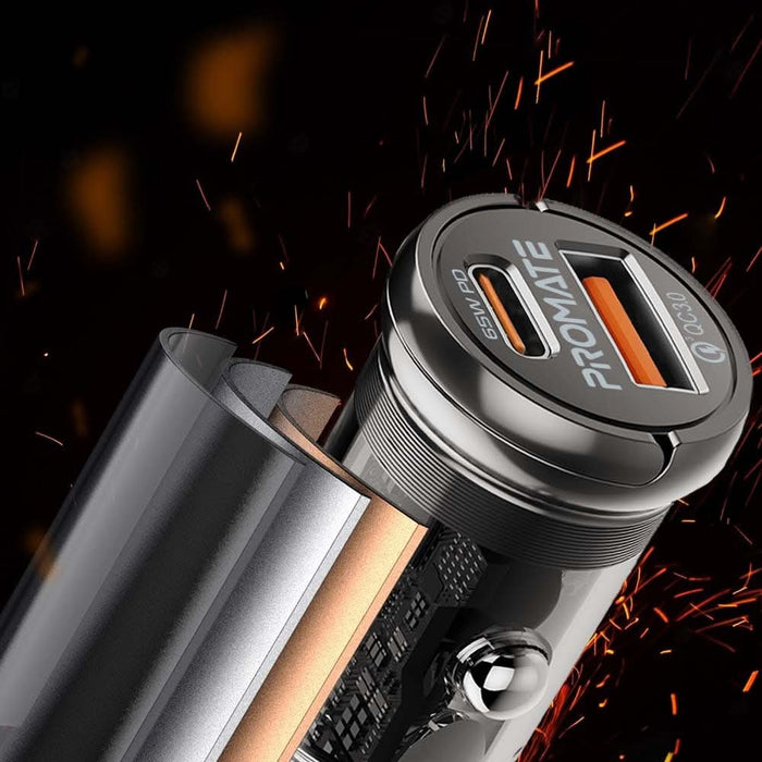 Incarcator auto PROMATE TransDrive-65W, 1xUSB-C Power Delivery 65W, 1xUSB-A Quick Charge 18W, negru WALTI