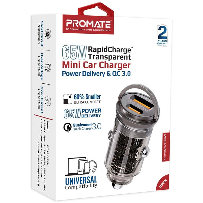 Incarcator auto PROMATE TransDrive-65W, 1xUSB-C Power Delivery 65W, 1xUSB-A Quick Charge 18W, negru WALTI