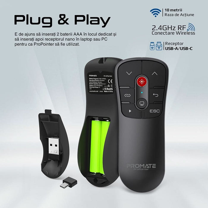 Presenter Wireless PROMATE ProPointer, Dual USB, negru WALTI