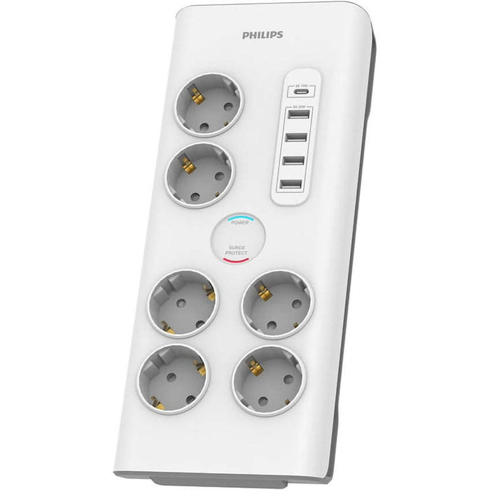 Prelungitor cu protectie PHILIPS SPN7060WA/58, 6 prize, 5 x USB, 2m, Protectie copii, alb WALTI
