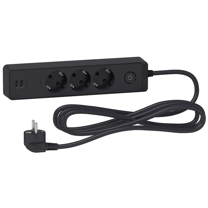 Prelungitor SCHNEIDER Unica SCH-ST943U3B, 3 prize Shucko, 2 USB, intrerupator, 3m, antracit WALTI