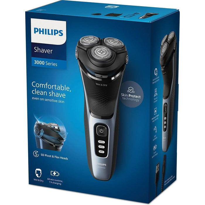 Aparat de ras PHILIPS Seria3000 S3243/12, Wet&Dry, autonomie 60 min, 3 elemente de taiere, albastru WALTI