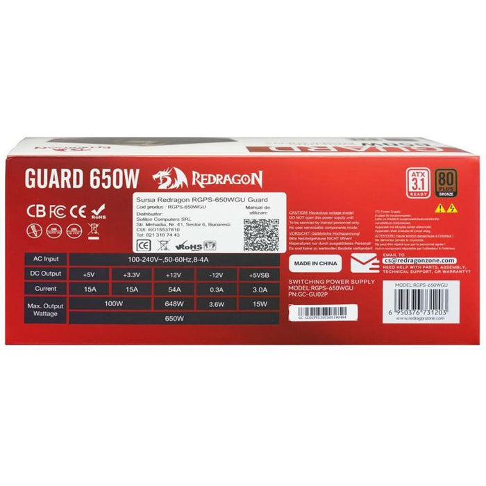 Sursa de alimentare REDRAGON RGPS-650WGU Guard, 650W, 120mm, 80 PLUS Bronze WALTI