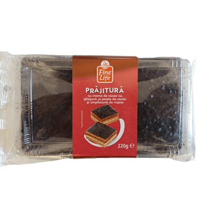 Fine Life Prajitura Crema Cacao cu Glazura si Paiete de Cacao si Umplutura de Visine 220 g - WALTI WALTI