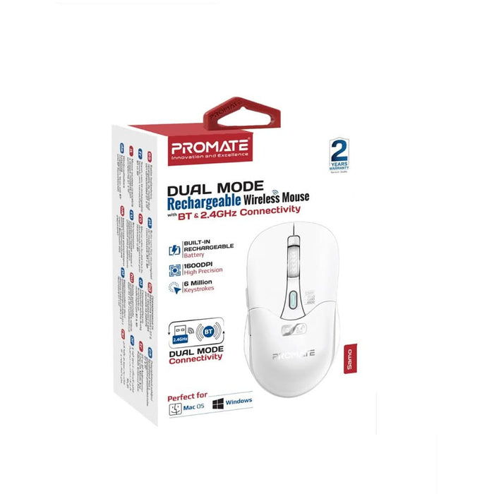 Mouse Wireless PROMATE Samo, Dual Mode, 1600 dpi, Bluetooth, alb WALTI