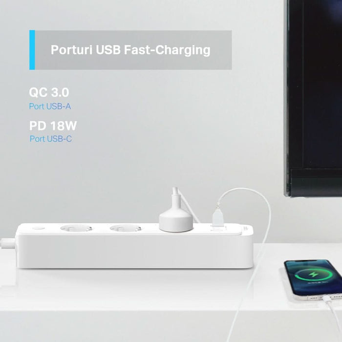 Prelungitor smart cu protectie TP-LINK Tapo P300, 3 prize, 2 x USB-A, 1 x USB-C, alb WALTI