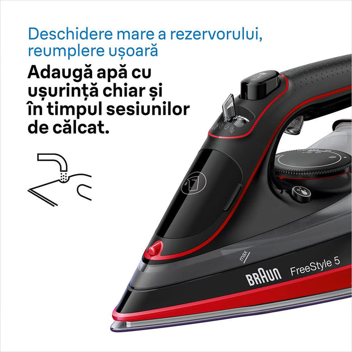 Fier de calcat BRAUN FreeStyle 5 SI5057RD, 2700W, 220g/min, 300ml, talpa SuperCeramic, rosu-negru WALTI