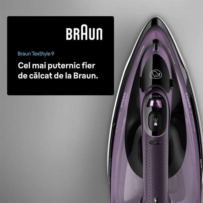 Fier de calcat BRAUN TexStyle 9 SI9661VI, 3100W, 250g/min, 330ml, talpa Eloxal Plus, violet-negru WALTI