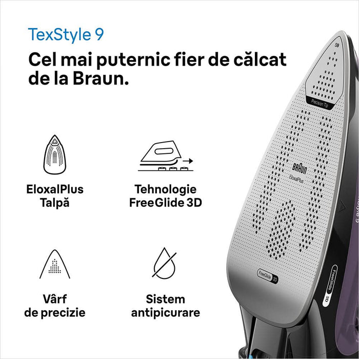Fier de calcat BRAUN TexStyle 9 SI9661VI, 3100W, 250g/min, 330ml, talpa Eloxal Plus, violet-negru WALTI