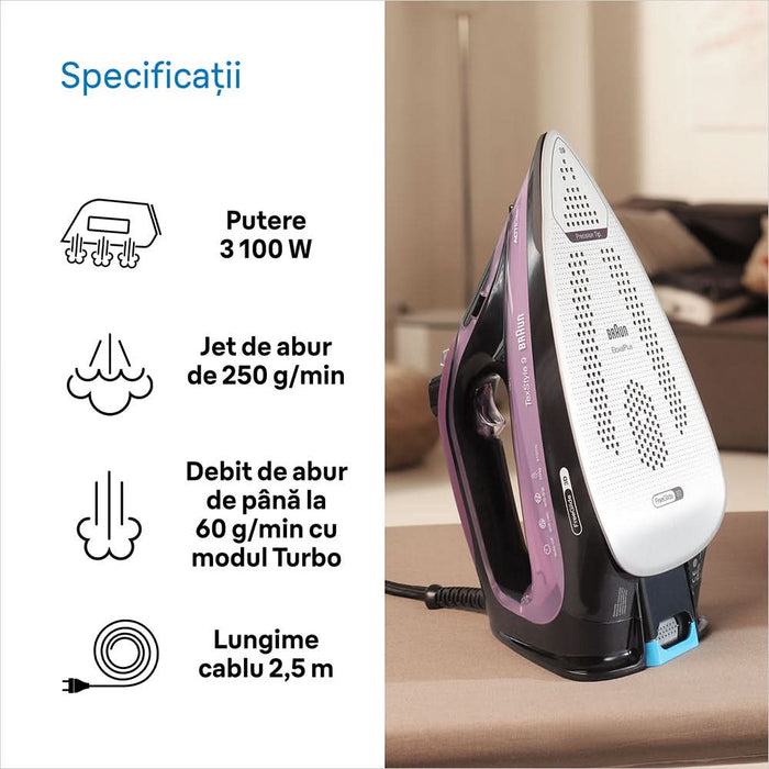 Fier de calcat BRAUN TexStyle 9 SI9661VI, 3100W, 250g/min, 330ml, talpa Eloxal Plus, violet-negru WALTI