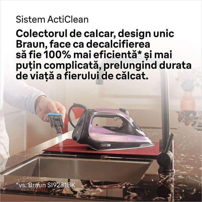 Fier de calcat BRAUN TexStyle 9 SI9661VI, 3100W, 250g/min, 330ml, talpa Eloxal Plus, violet-negru WALTI