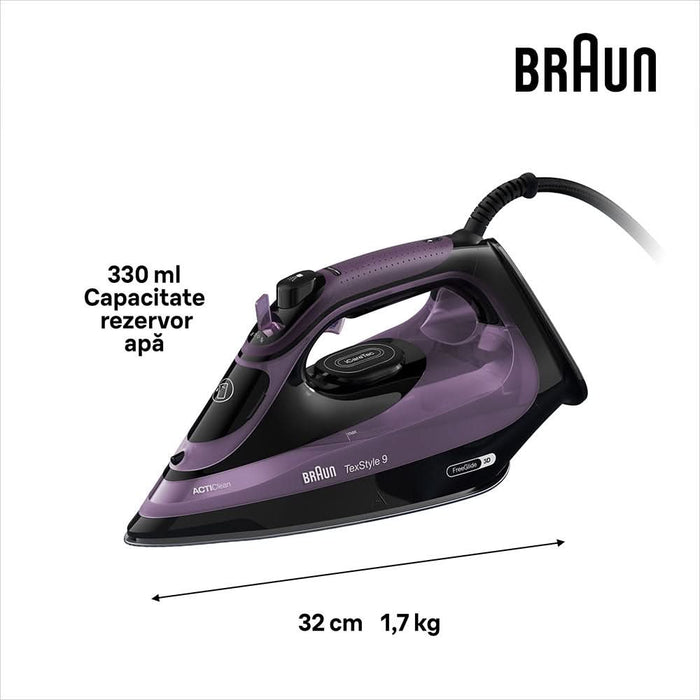 Fier de calcat BRAUN TexStyle 9 SI9661VI, 3100W, 250g/min, 330ml, talpa Eloxal Plus, violet-negru WALTI
