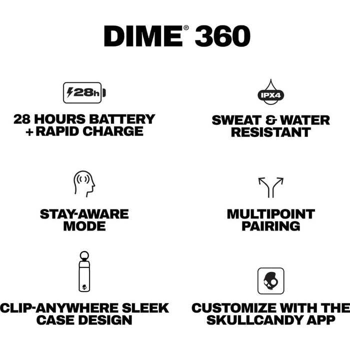 Casti SKULLCANDY Dime 360, True Wireless Bluetooth, In-Ear, Microfon, True Black WALTI