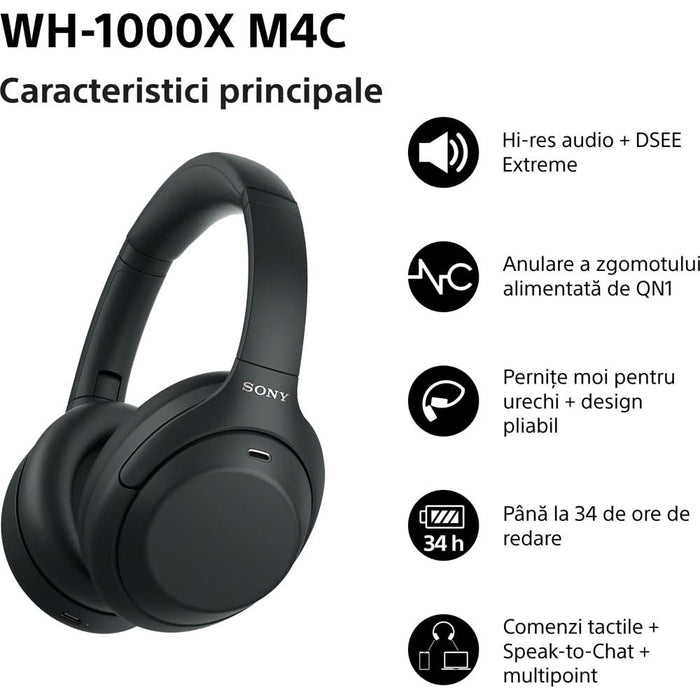 Casti SONY WH-1000XM4CB, Bluetooth, Over-ear, Microfon, Noise Cancelling, negru WALTI