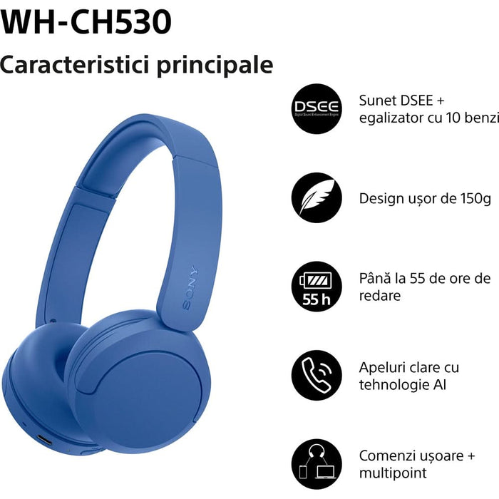 Casti SONY WH-CH530L, Bluetooth, On-Ear, Microfon, albastru WALTI