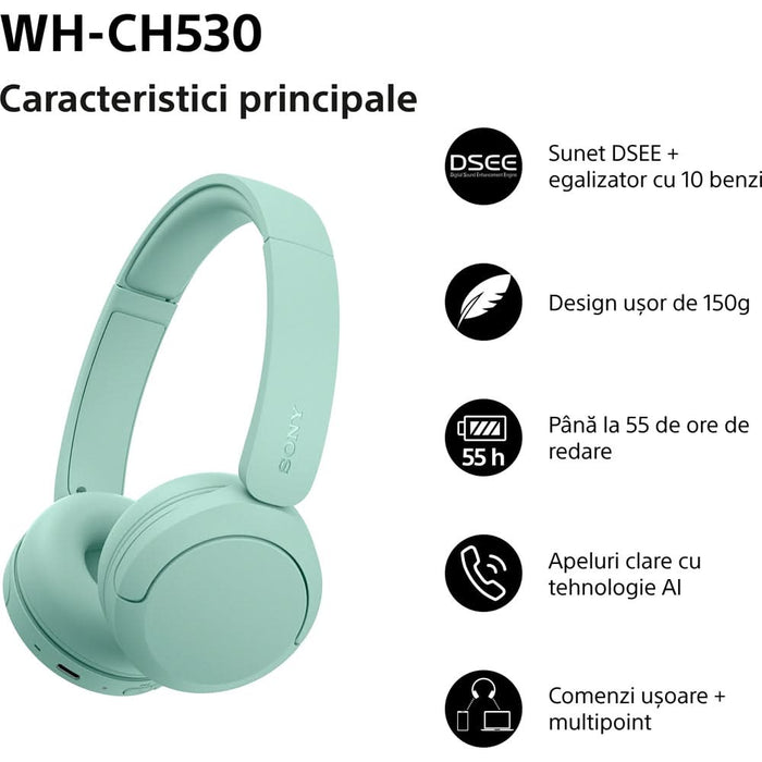 Casti SONY WH-CH530G, Bluetooth, On-Ear, Microfon, Mint WALTI