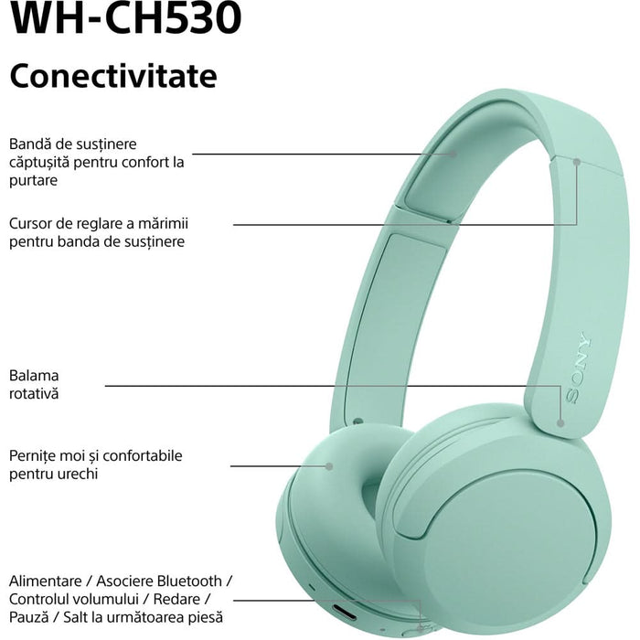 Casti SONY WH-CH530G, Bluetooth, On-Ear, Microfon, Mint WALTI