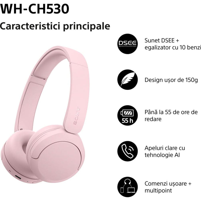Casti SONY WH-CH530P, Bluetooth, On-Ear, Microfon, roz WALTI