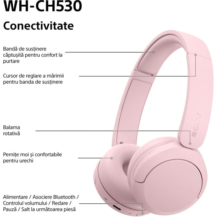 Casti SONY WH-CH530P, Bluetooth, On-Ear, Microfon, roz WALTI