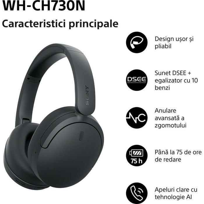 Casti SONY WH-CH730NB, Bluetooth, Over-Ear, Microfon, Noise Cancelling, negru WALTI