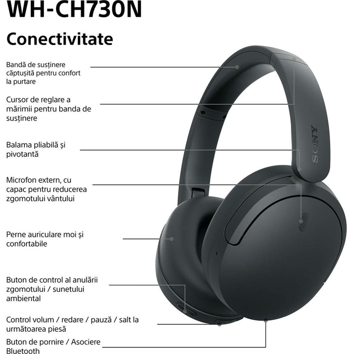 Casti SONY WH-CH730NB, Bluetooth, Over-Ear, Microfon, Noise Cancelling, negru WALTI