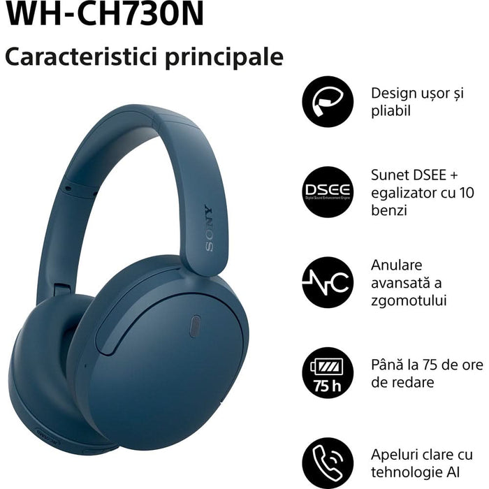 Casti SONY WH-CH730NL, Bluetooth, Over-Ear, Microfon, Noise Cancelling, albastru WALTI