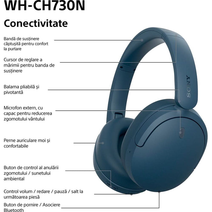 Casti SONY WH-CH730NL, Bluetooth, Over-Ear, Microfon, Noise Cancelling, albastru WALTI